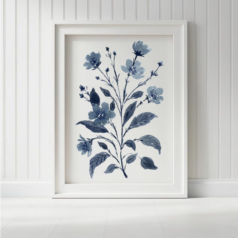 Blue Floral Botanical Art Print – Watercolor Flower Wall Art, Modern ...