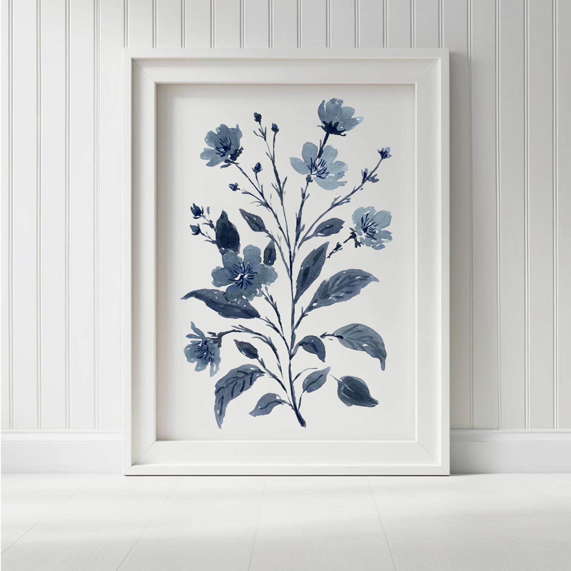 Blue Floral Botanical Art Print – Watercolor Flower Wall Art, Modern ...