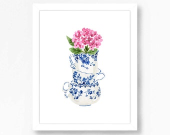 Hydrangea Print, Hydrangea Art, Hydrangea Painting, Blue Hydrangea Print, Blue and White Tea Cup, Tea Cup Print, Blue White China, Delft