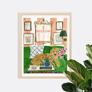 May include: A framed watercolor print depicting a golden-colored dog resting on a vibrant green sofa. The scene includes a coffee table with a blue vase of red flowers, a gold-framed mirror, and several wall art pieces against a striped background.