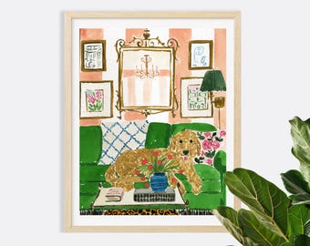 May include: A framed watercolor print depicting a golden-colored dog resting on a vibrant green sofa. The scene includes a coffee table with a blue vase of red flowers, a gold-framed mirror, and several wall art pieces against a striped background.