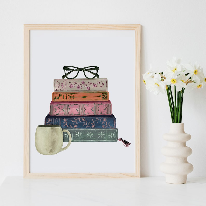 Stack of Books Vintage Book Wall Art Print Watercolor Bookshelf Read Painting Home Office Bookworm Library Reading Nook Coffee Cup Glasses image 3