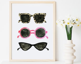 Sunglasses Vintage Cat Eye Leopard Print Pink Fashion Style Black White French Girl Paris Art Print Wall Art Decor Girls Room Watercolor