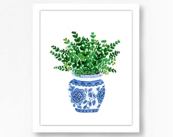 Greenery Botanical Bouquet Blue White Vase Floral Flowers Art Print Ginger Jar Navy Pink Gouache Bohemian Modern Wall Art Decor Farmhouse