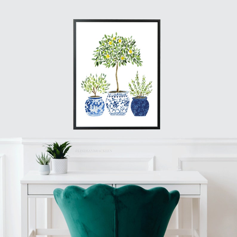 Lemon Lemons Tree Olive Navy Blue White Vase Plants Floral Flowers Art Print Ginger Jar Green Gouache Bohemian Modern Wall Decor Farmhouse image 2