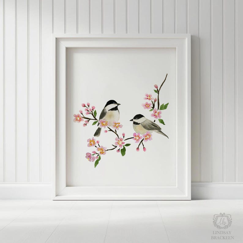 Chickadee Bird Art Cherry Blossom Print Bird Print Wall Decor Painting Watercolor Birds Illustration Birdwatching Gift Lindsay Brackeen image 1