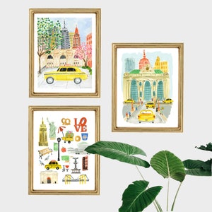 New York City Art Print Set,  NYC Wall Decor, NYC Wall Art, New York City Landmarks, Grand Central Station, Yellow Taxi, I Love New York Art