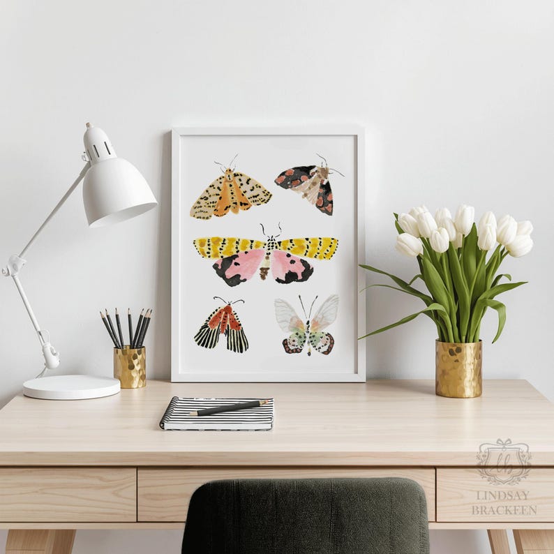 Lámina artística de polilla, arte mural de polilla en acuarela, decoración estilo cottagecore, ilustración de mariposa y polilla, regalo para amantes de la naturaleza, lámina de insectos original. imagen 7