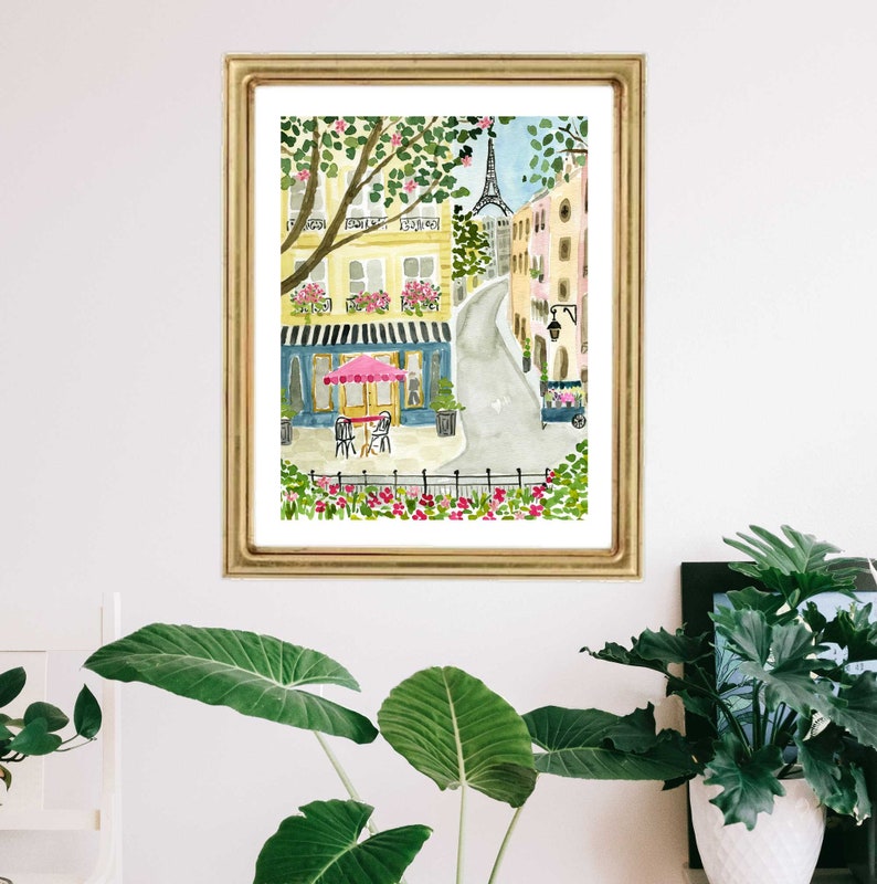 Paris Eiffel Tower Art Print Travel Paris Wall Decor Pink Trees Colorful Floral Flowers Map Painting Illustration Girls Wall Room Decor image 5