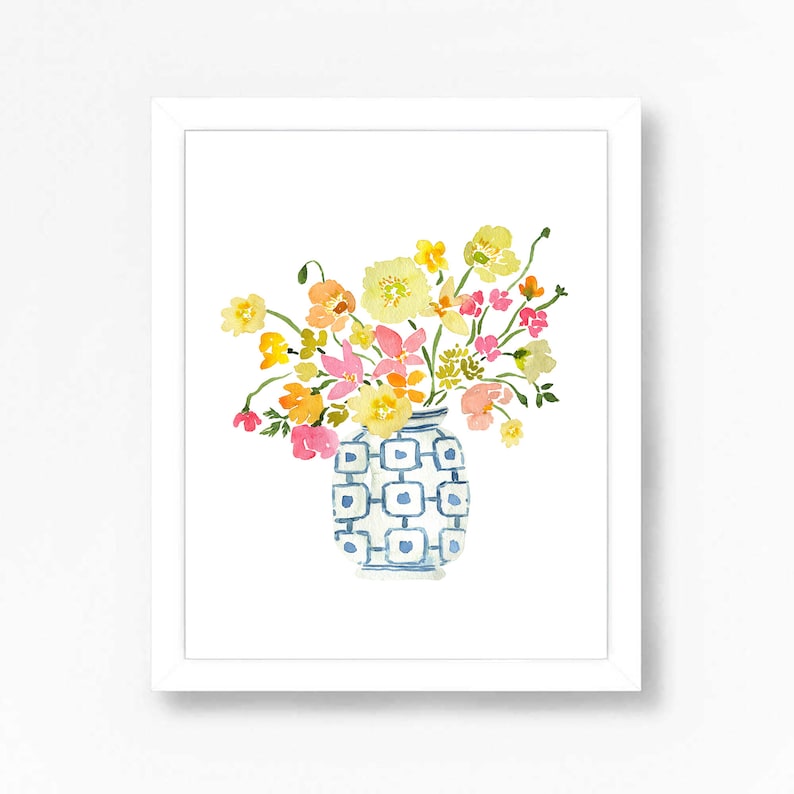 Pink Yellow Flowers in White Blue Vase Art Print, Ginger Jar Art, Ginger Jar Print, Bouquet in Blue White Vase Art Print, Floral Watercolor image 2