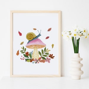 Snail Art, Mushroom Decor, Cottagecore Decor,  Cottage Core Decor, Mushroom Print, Woodland Nursery Decor, Girls Nursery Decor, Snail Print