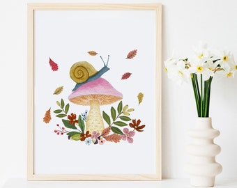 Snail Art, Mushroom Decor, Cottagecore Decor,  Cottage Core Decor, Mushroom Print, Woodland Nursery Decor, Girls Nursery Decor, Snail Print