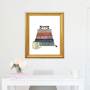 Stack of Books Vintage Book Wall Art Print Watercolor Bookshelf Read Painting Home Office Bookworm Library Reading Nook Coffee Cup Glasses image 5