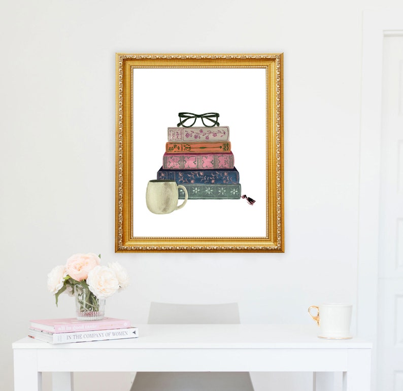 Stack of Books Vintage Book Wall Art Print Watercolor Bookshelf Read Painting Home Office Bookworm Library Reading Nook Coffee Cup Glasses image 5