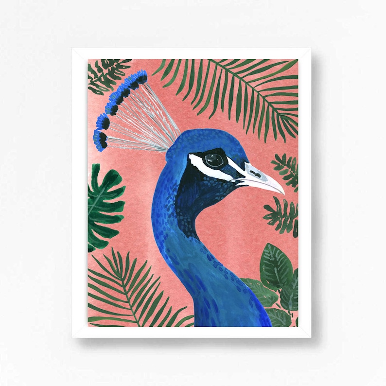 Peacock Art Print Peacock Wall Decor Peacock Painting Peacock Watercolor Jungle Tropical Art Illustration Bohemian Boho Animal Coral 画像 2