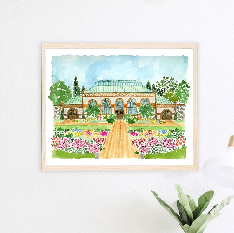 May include: A watercolor painting of a green glass building with a brown roof. The building is surrounded by a garden with green bushes and pink, yellow, and purple flowers. The path leading to the building is a light brown color.