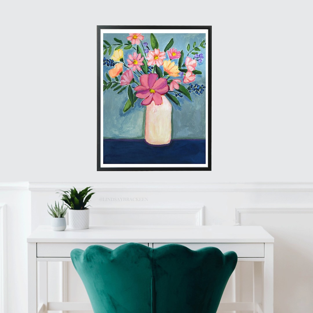 Bouquet Floral Flowers in Vase Wildflowers Art Print Pink Yellow Blue ...