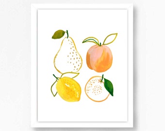 Lemon Lemons Citrus Fruit Kitchen Pears Peaches Oranges Fruits Pear Watercolor Dining Painting Print Food Wall Art Decor Kids Modern Nursery