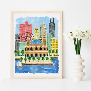 Chicago Navy Pier Art Print Chicago Wall Decor Ferris Wheel Travel Cityscape Chicago Skyline Architecture Watercolor Painting Illustration image 3