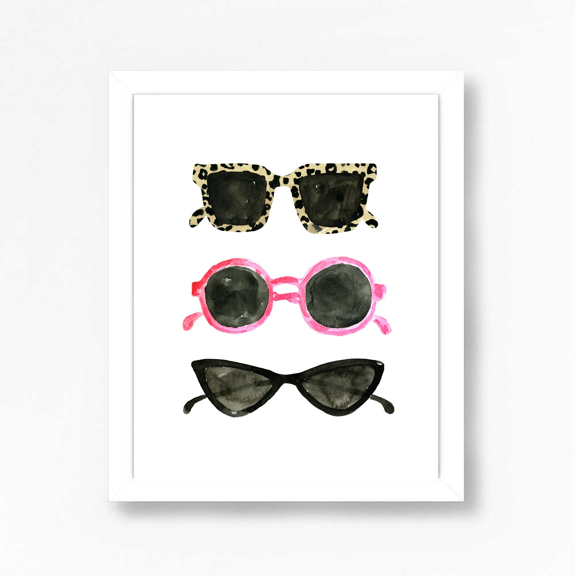 Sunglasses Vintage Cat Eye Leopard Print Pink Fashion Style Black White French Girl Paris Art Print Wall Art Decor Girls Room Watercolor