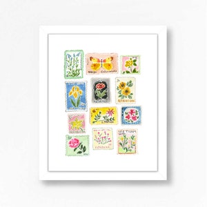 Vintage Floral Stamps, Vintage Floral Stamp Art Print, Vintage Stamp Art, Stamp print, Stamp Poster, Vintage Stamp Collection, Floral Stamp