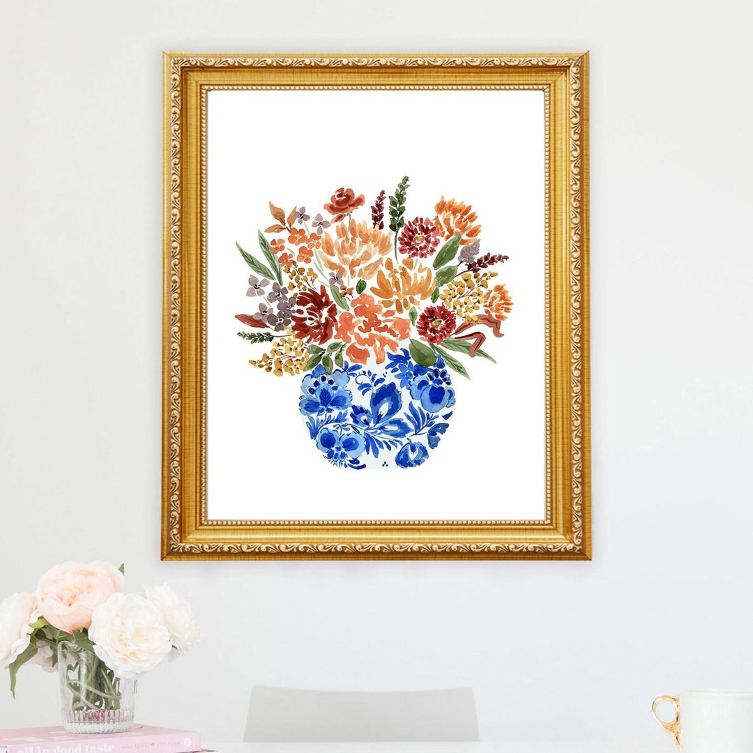 Fall Flowers Art Print Bouquet Floral Watercolor Autumn Colors Blue ...