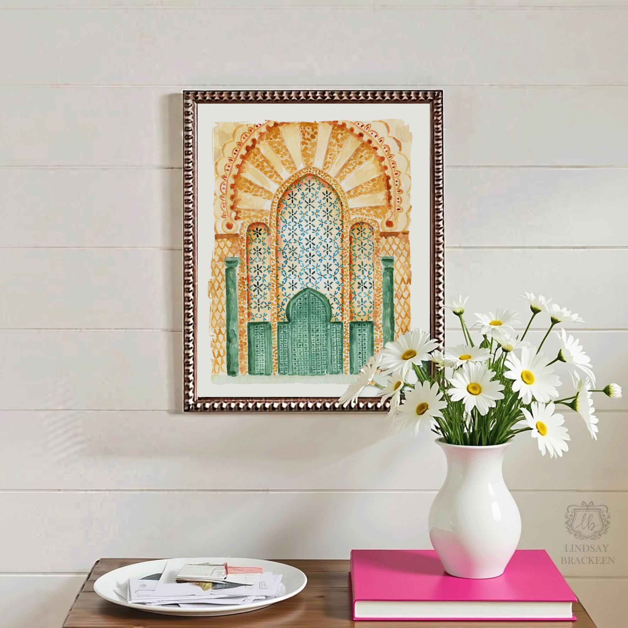 Morocco Casablanca Hassan Mosque Marrakesh Art Print Watercolor