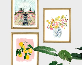 Conservatory Greenhouse Lemons Flowers Art Print Set, Spring Wall Decor, Spring Prints Colorful Floral Loose Watercolor Art, Garden Art