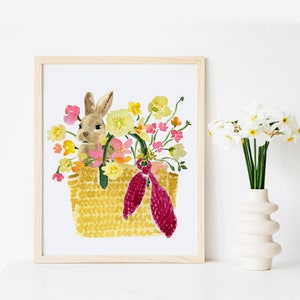 Easter Bunny Art, Easter Basket, Bunny Basket Art Print, Spring Flowers Art Print, Easter Decor, Bunny Art, Rabbit Art, Rabbit Print image 3