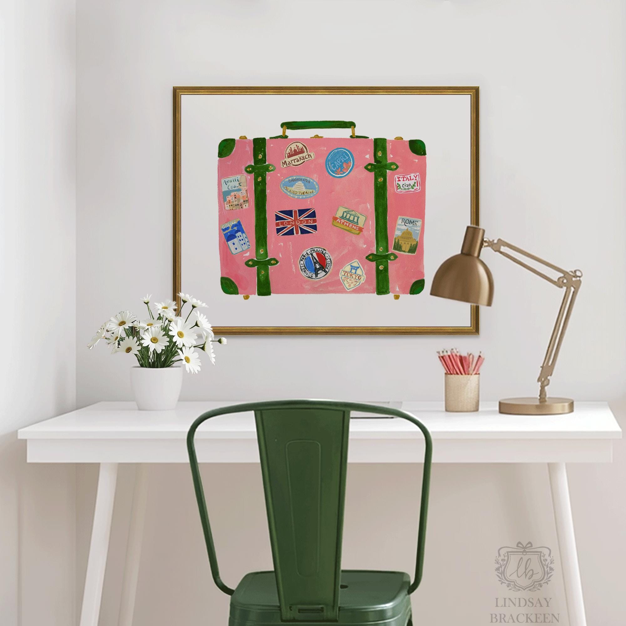 Travel Art Print Vintage Suitcase With Travel Stickers Positano