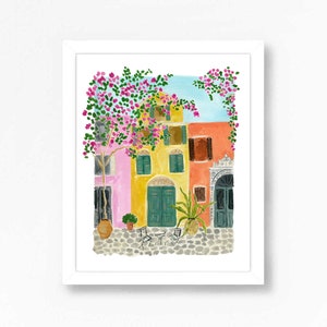 Greece Corfu Old Town Painting Oia Paros  Watercolor Art Print Travel Houses Colorful Greek Island Isles Bohemian Souvenir  Wall Decor