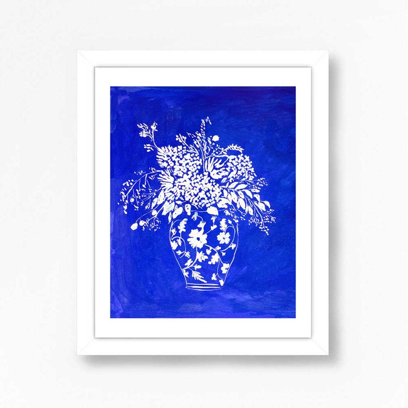 Floral Bouquet Art Print Illustration Flowers Branches Blue and White China Vase Delft Painting Indigo Navy White Wall Decor