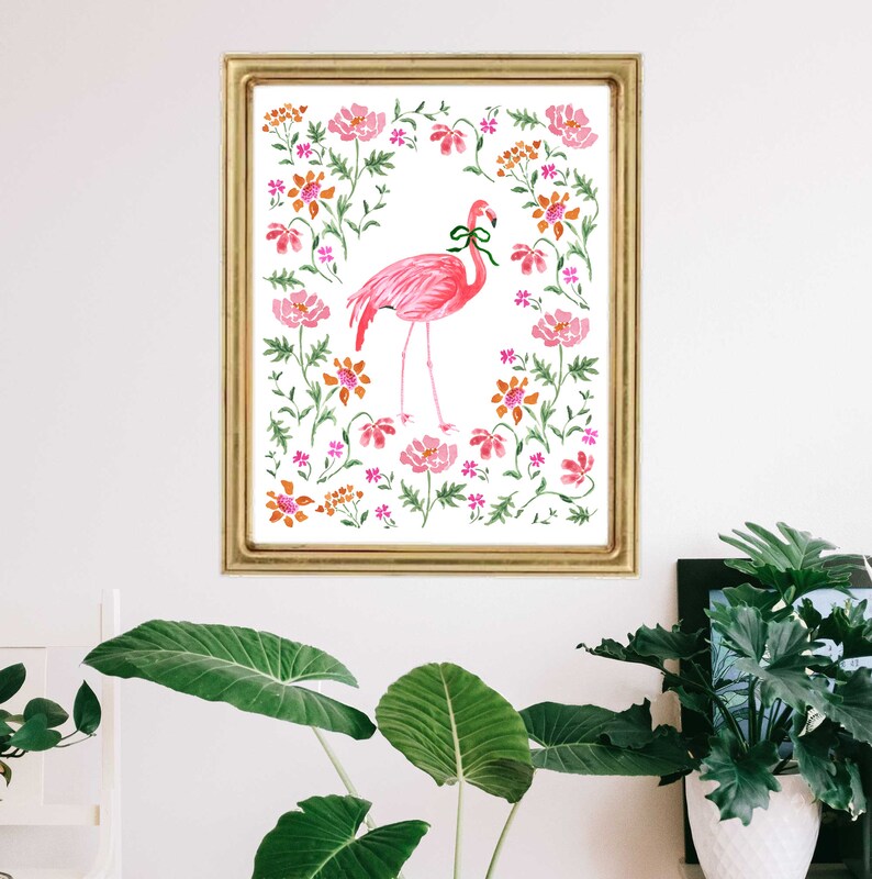 Flamingo Art Print Grand Millenial Wall Decor Chinoiserie Style Pink Bird Bohemian Animal Jungle Tropical Girls Nursery Painting Watercolor image 5