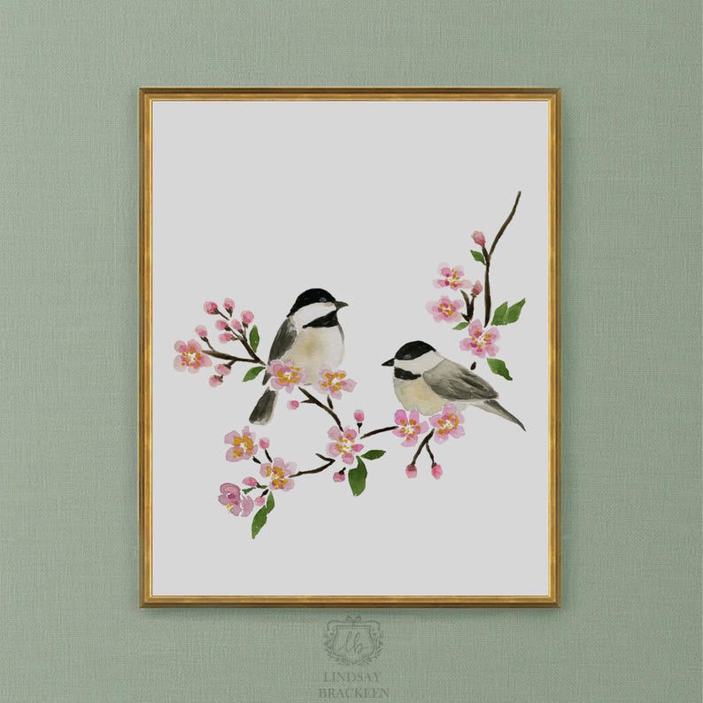 Chickadee Bird Art Cherry Blossom Print Bird Print Wall Decor Painting Watercolor Birds Illustration Birdwatching Gift Lindsay Brackeen image 3