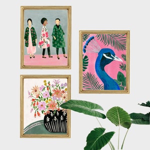 Tropical Jungle Art Print Set, Peacock Print, Bohemian Wall Decor, Boho Chic Decor Style, Boho Art Print, Aesthetic Bedroom Floral Decor