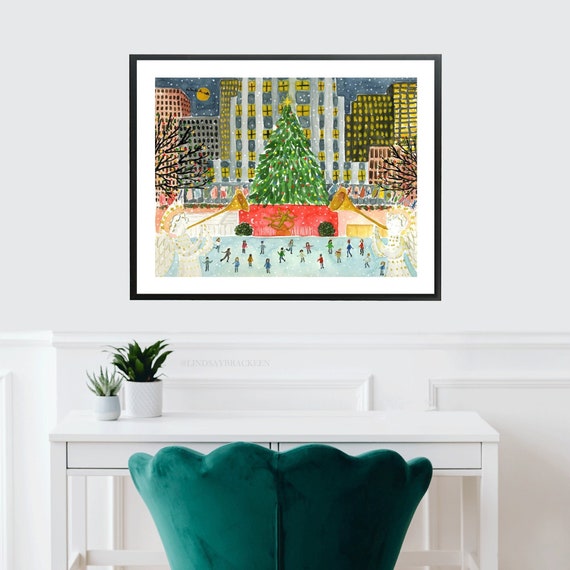 Christmas in NYC Art, Christmas in New York City Art, New York City Art Print, NYC Wall Decor, Ice Skating Print, Rockefeller Center Art