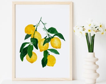 Lemon Lemons Citrus Tree Yellow Botanical Lemonade Fruit Kitchen Watercolor Gouache Painting Art Print Food Wall Art Decor Farmhouse