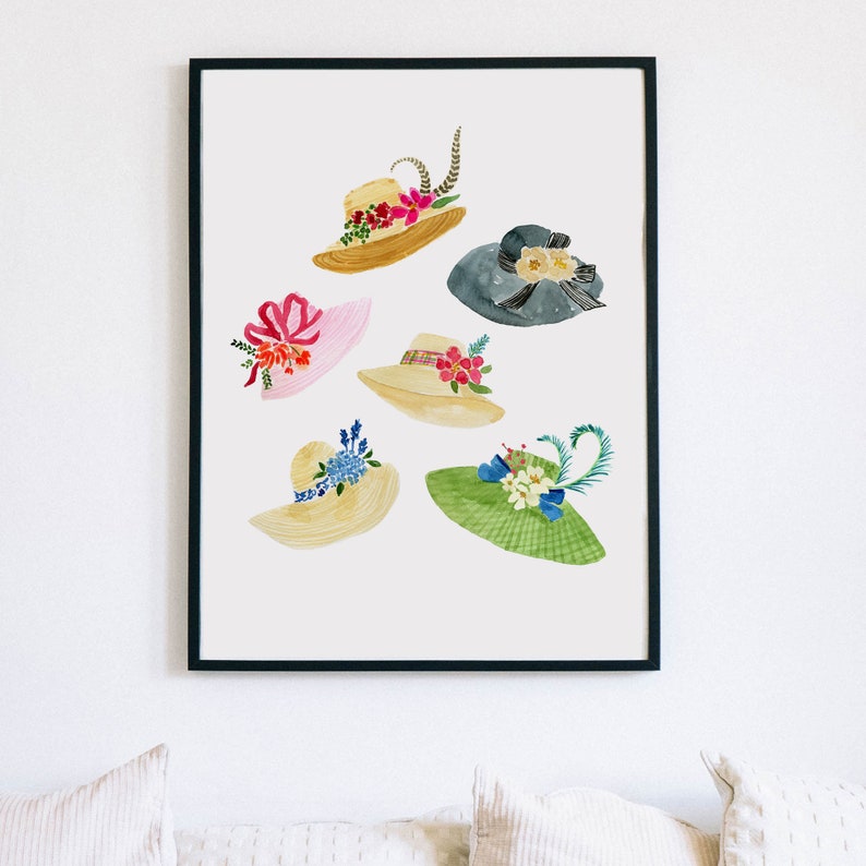 May include: A watercolour painting of six different hats with floral embellishments. The hats are in various colours, including pink, green, blue, and yellow. The hats are all decorated with flowers and leaves.