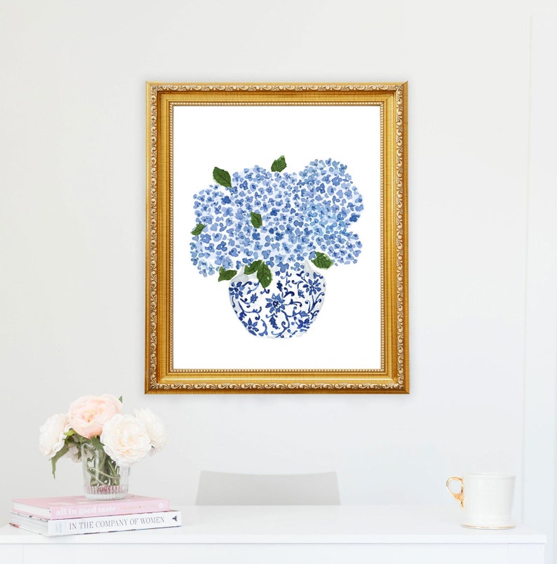 Hydrangea Print, Hydrangea Art, Hydrangea Painting, Blue Hydrangea Print, Blue and White Vase Planter, Ginger Jar Print, Delft Blue Vase image 4