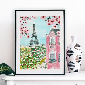 Paris Eiffel Tower Art Print Travel Paris Wall Decor Pink Trees Colorful Floral Flowers Map Painting Illustration Girls Wall Room Decor image 4