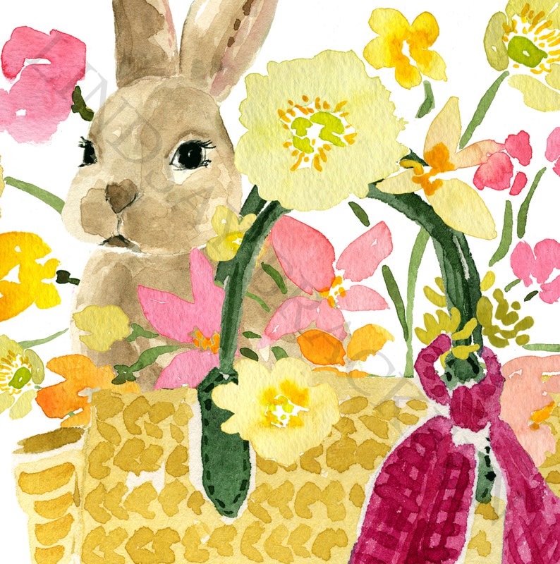 Easter Bunny Art, Easter Basket, Bunny Basket Art Print, Spring Flowers Art Print, Easter Decor, Bunny Art, Rabbit Art, Rabbit Print image 5