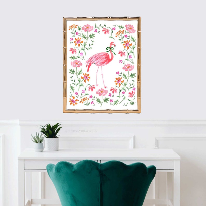 Flamingo Art Print Grand Millenial Wall Decor Chinoiserie Style Pink Bird Bohemian Animal Jungle Tropical Girls Nursery Painting Watercolor image 1