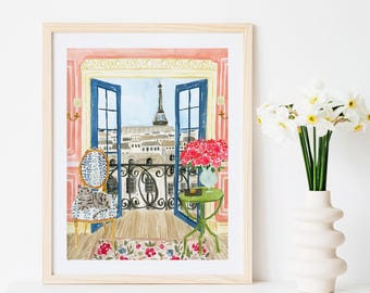 Cats in Paris Print, Eiffel Tower Art Print, Paris Art Print, Paris Poster, Paris Travel Art, Travel Wall Art, Paris Art, Paris Painting