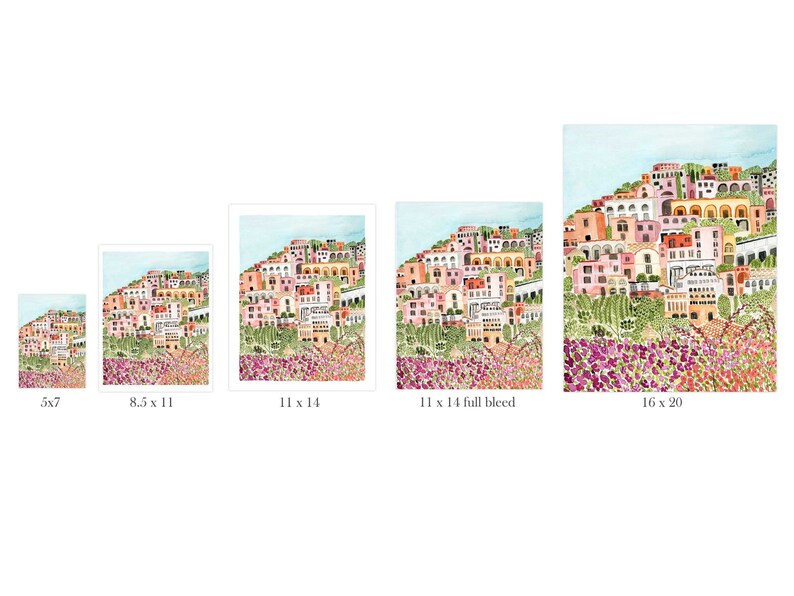May include: Watercolor print of a coastal Italian village with colorful buildings cascading down a hillside. The artwork features pink, orange, and white buildings, with purple flowers in the foreground. Available in 5x7, 8.5x11, 11x14, and 16x20 inch sizes.