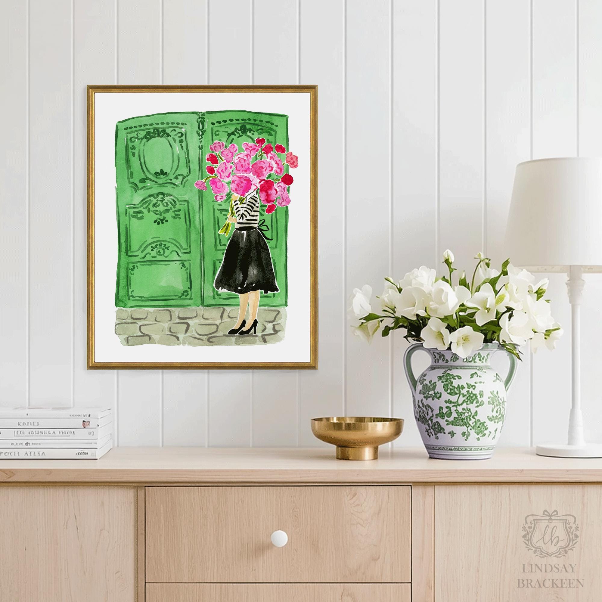 Paris Art Print Travel French Girl Wall Decor Peonies Green Ornate