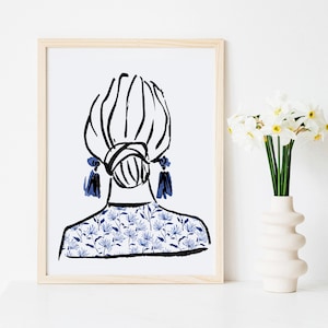 Fashion Print, Fashion Wall Decor, Fashion Illustration, Blue and White Art, Watercolor Fashion Print, Earrings Print, Bun Hairstyle Print