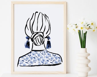 Fashion Print, Fashion Wall Decor, Fashion Illustration, Blue and White Art, Watercolor Fashion Print, Earrings Print, Bun Hairstyle Print