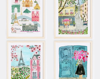 Paris Art Print Set,  Paris Travel Art, Paris Wall Decor, Paris Wall Art, Paris Landmarks, Paris Map, Paris Art Print, Eiffel Tower Art