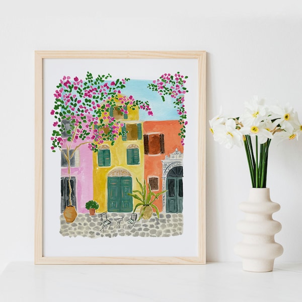 Greece Corfu Old Town Painting Oia Paros  Watercolor Art Print Travel Houses Colorful Greek Island Isles Bohemian Souvenir  Wall Decor