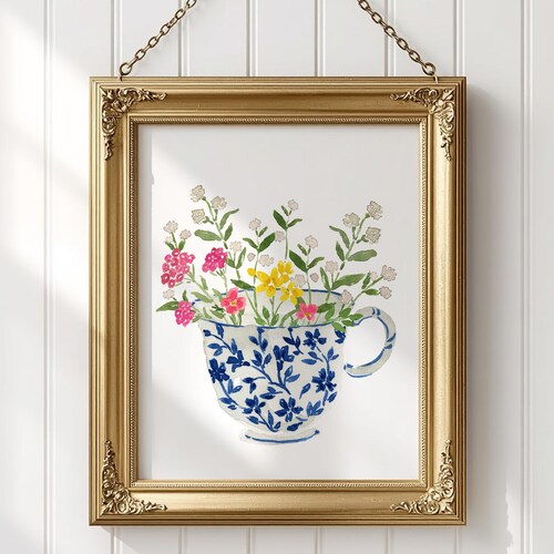 Taza de té con flores, estilo cottagecore, ramo, lámina decorativa de pared, acuarela rosa, azul y blanco, pintura china, arte para el hogar y la cocina, decoración para fiestas de té